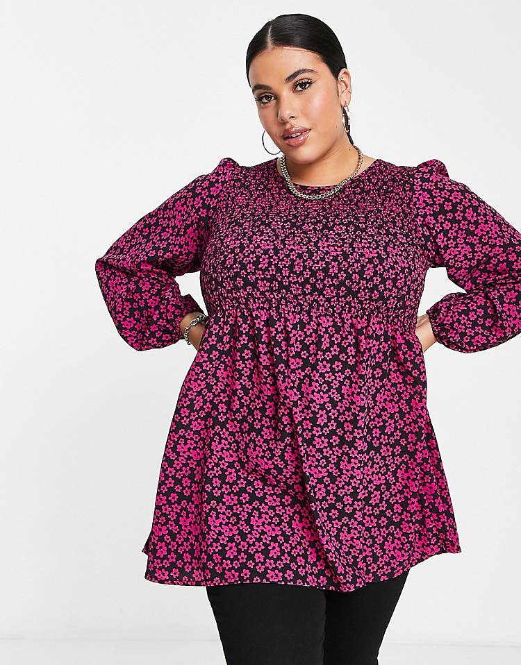 Yours long sleeved floral printed shirred smock top in pink